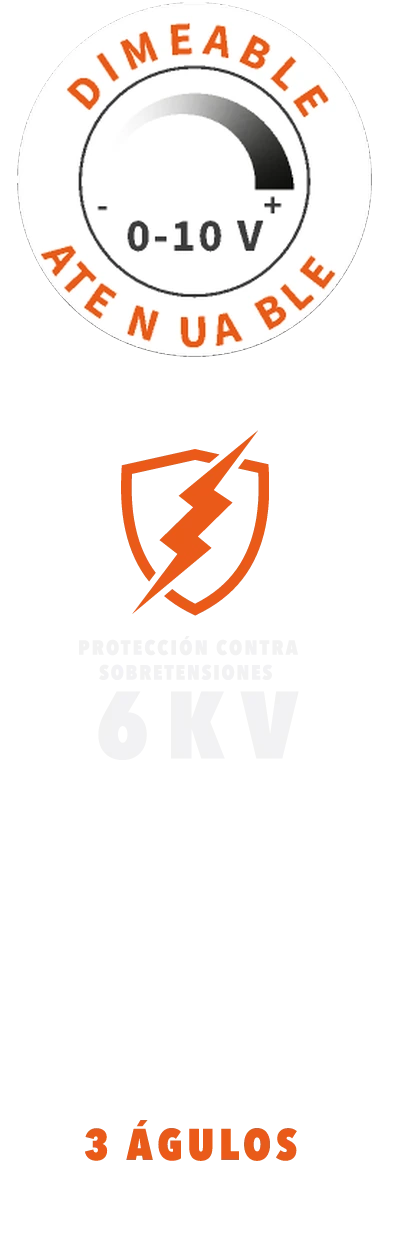 Dimeable 0-10V Atenuable, Protección contra sobretensiones 6KV, 3 Ángulos 60°, 80° y 100°