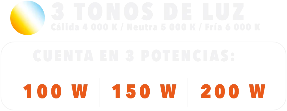 3 Tonos de Luz (4000K, 5000K, 6000K) — Cuenta en 3 potencias: 100W, 150W, 200W
