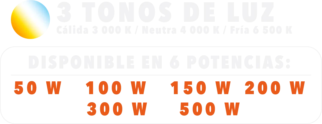 3 Tonos de Luz (Cálida 3000K, Neutra 4000K, Fría 6500K) — Disponible en 6 potencias: 50W, 100W, 150W, 200W, 300W, 500W